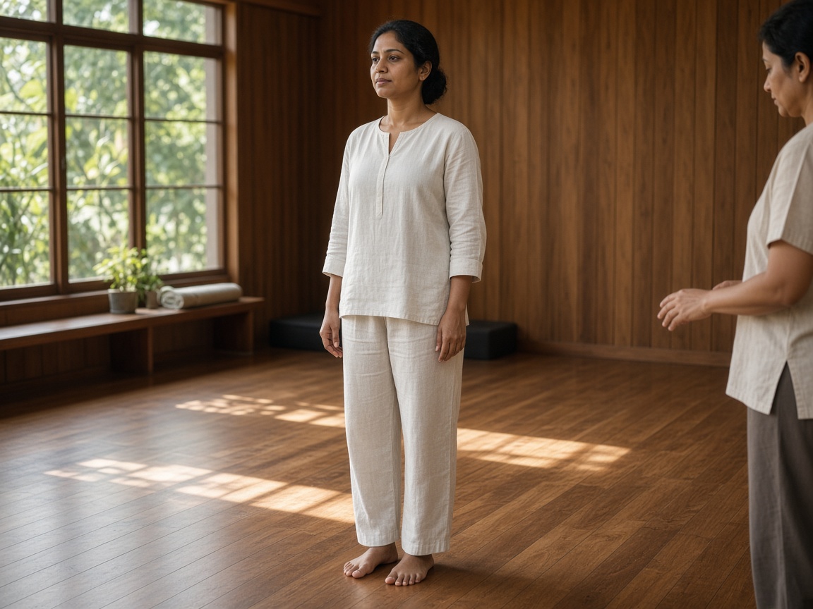 Standing pose in a Hatha class with soft morning light