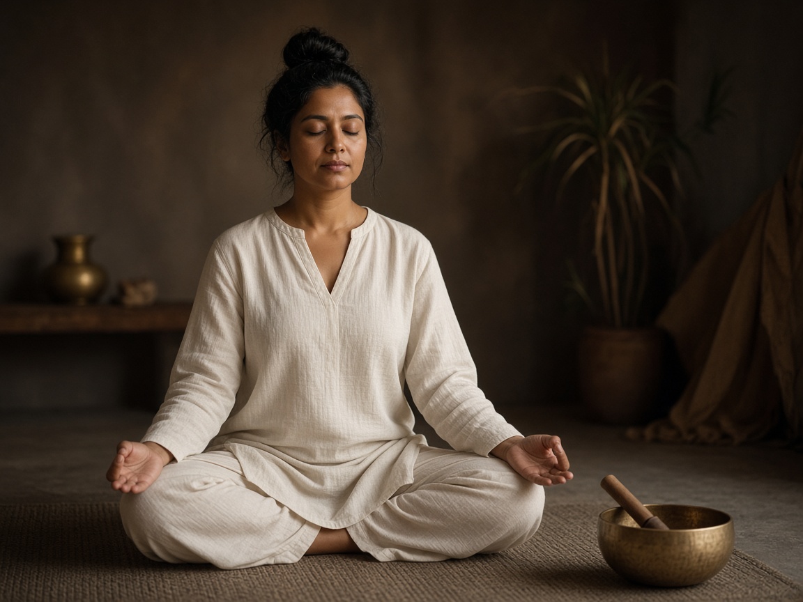 Seated meditation beside a brass singing bowl