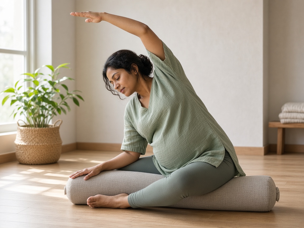 An expectant mother in a supported prenatal stretch