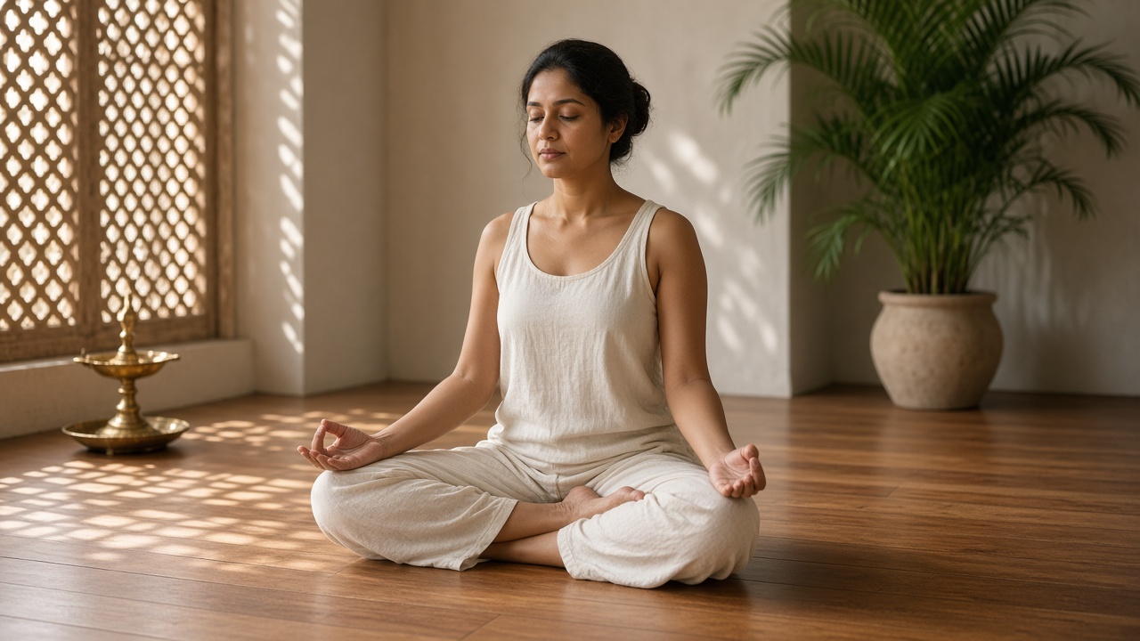 A woman seated in lotus on a teak floor in a sunlit Delhi studio
