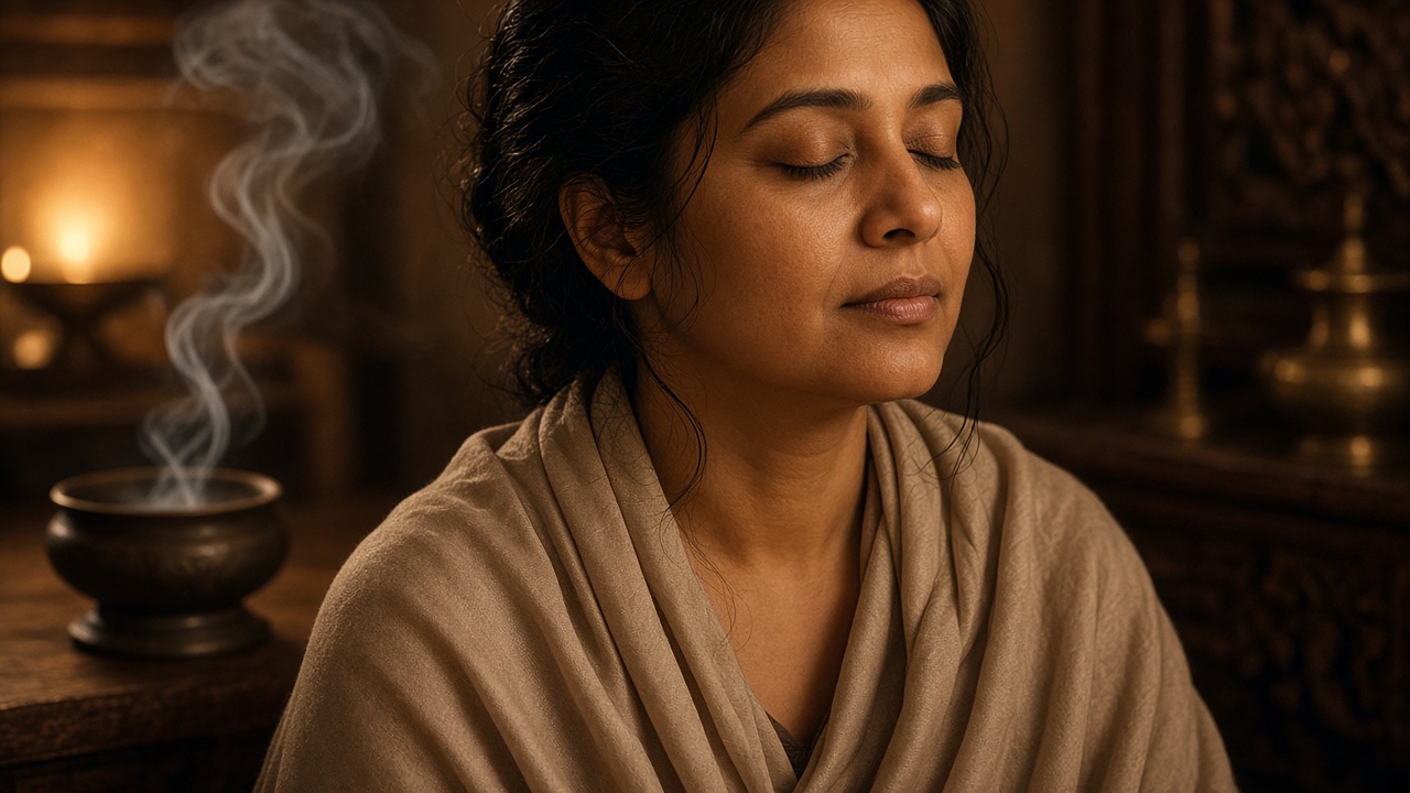 A woman meditating in warm lamplight with a silk shawl