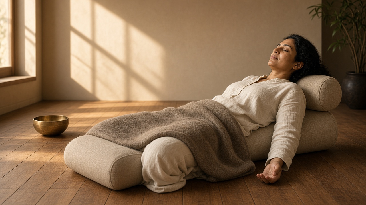 A supported restorative pose with bolsters and a sand blanket