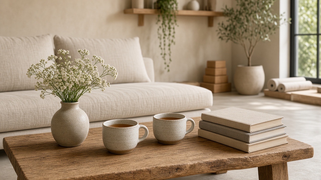 Lounge with tea, books, and a linen sofa