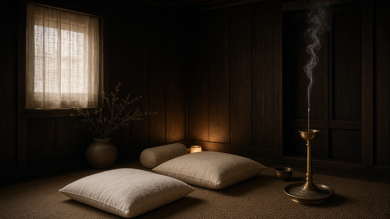 Dim meditation room with floor cushions and brass