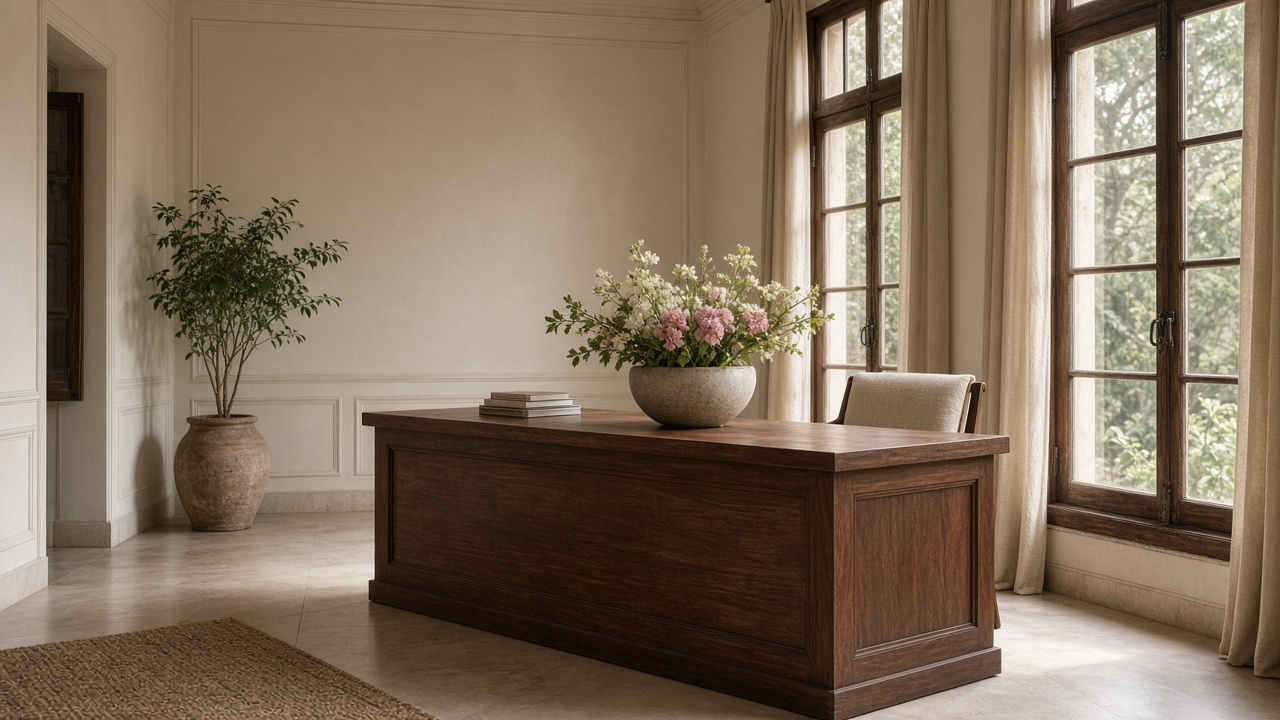 Quiet wooden reception desk in daylight