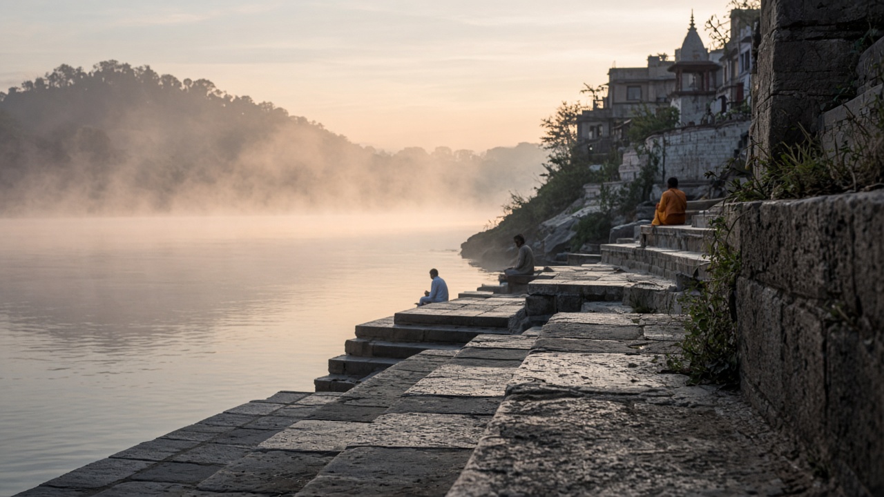 Dawn mist over the stone steps of the river in Rishikesh