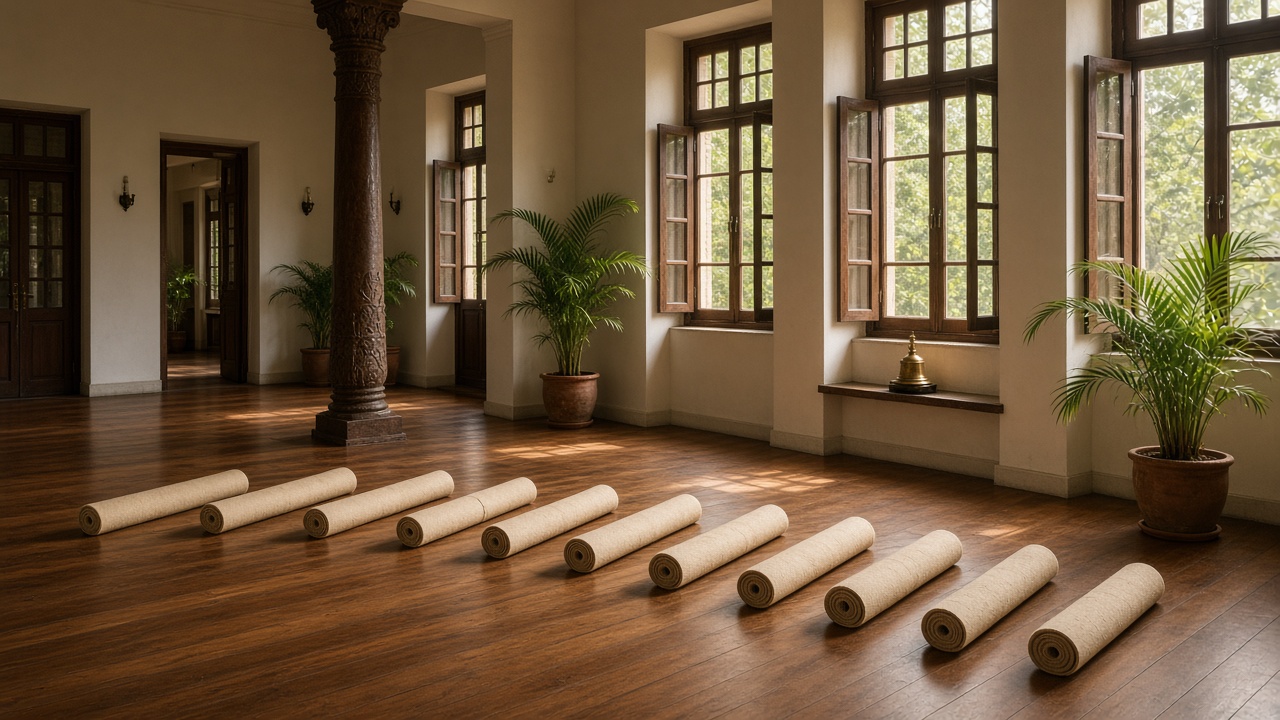 The empty practice hall with rolled cotton mats and morning light