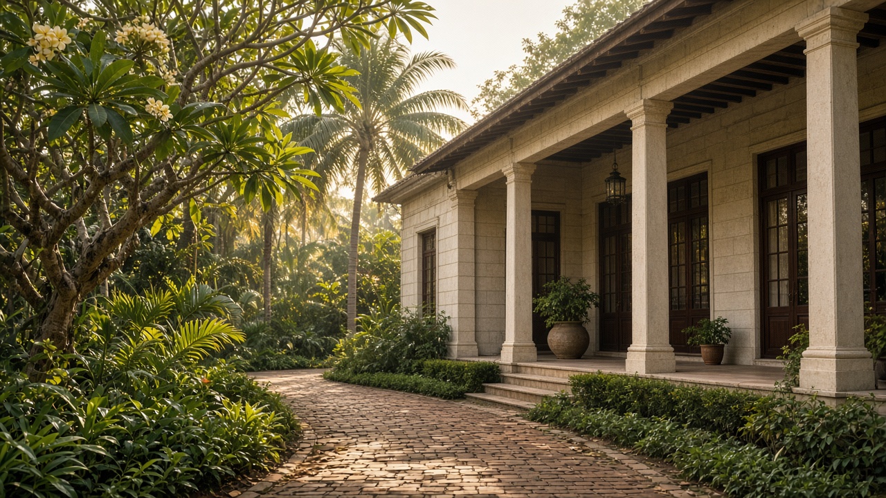 The bungalow exterior and garden path in morning light
